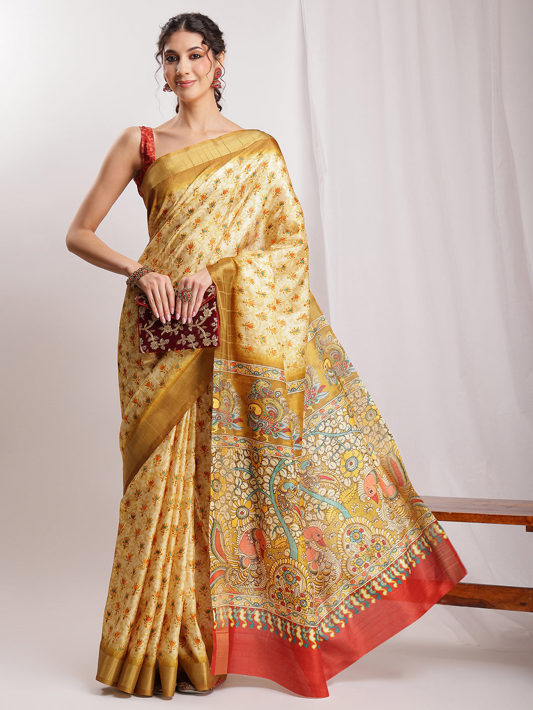 Janasya Olive Green Silk Blend Kalamkari Printed Grab2Buy 