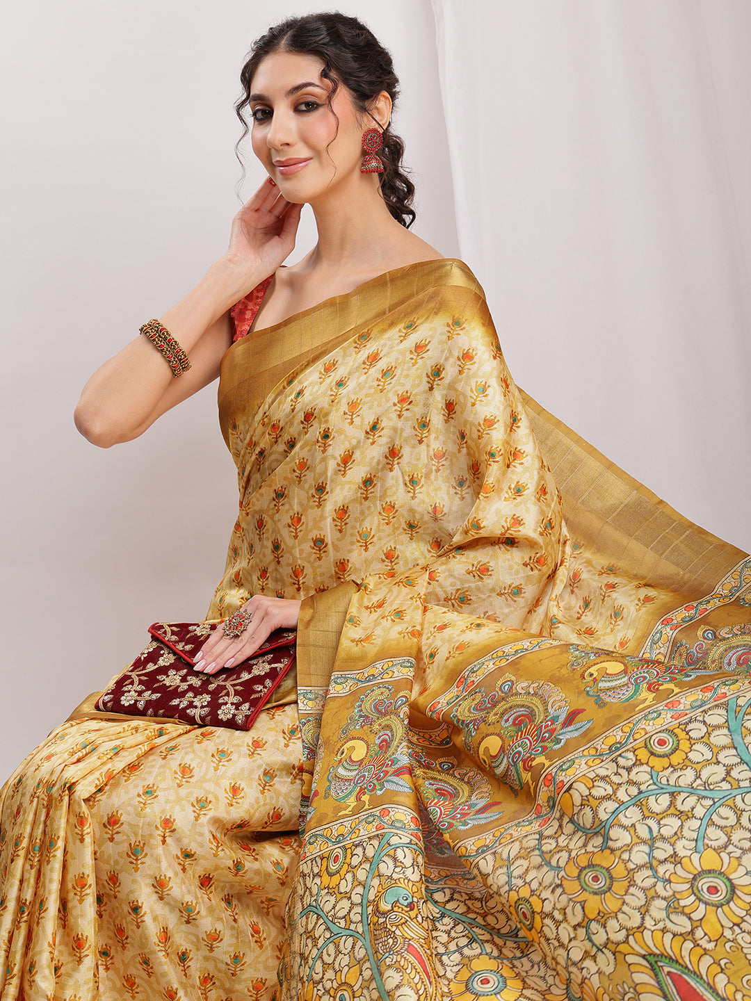 Janasya Olive Green Silk Blend Kalamkari Printed Grab2Buy 