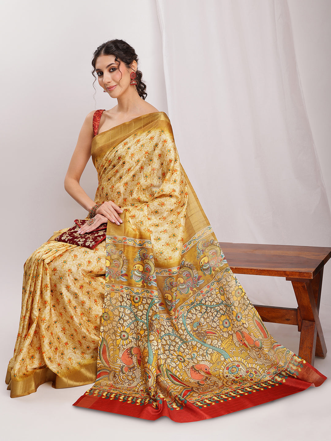 Janasya Olive Green Silk Blend Kalamkari Printed Grab2Buy 