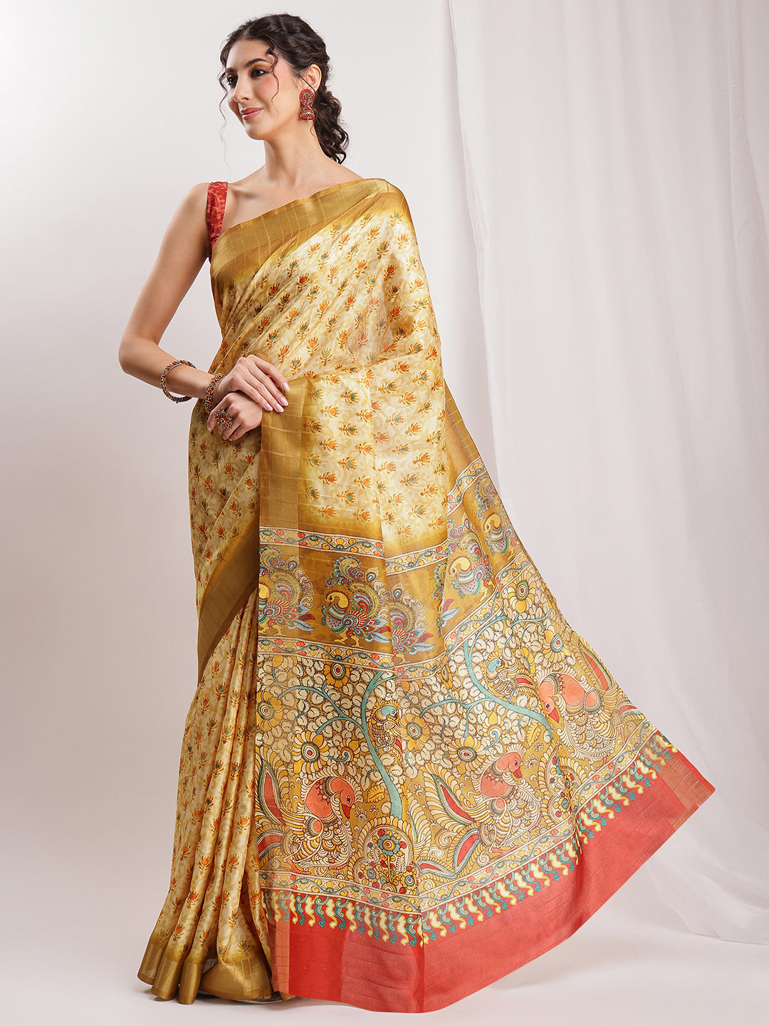 Janasya Olive Green Silk Blend Kalamkari Printed Grab2Buy 