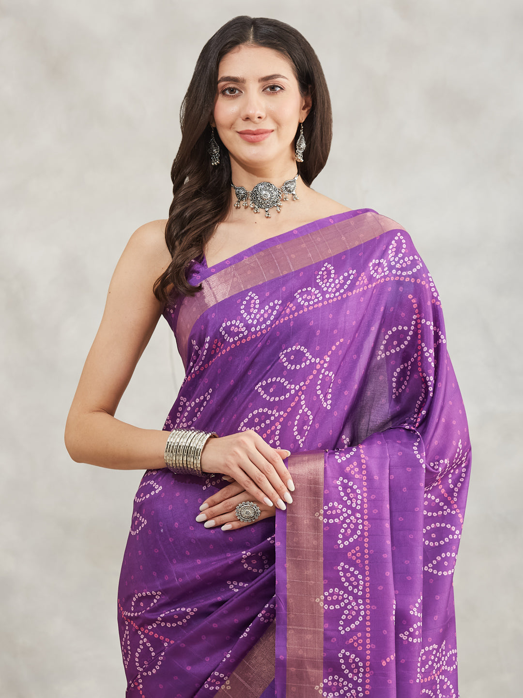 Janasya Purple Silk Blend Bandhani Printed Grab2Buy 