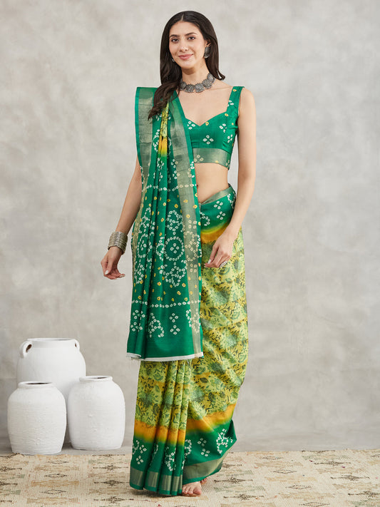 Janasya Mustard & Green Silk Blend Bandhani Printed Grab2Buy