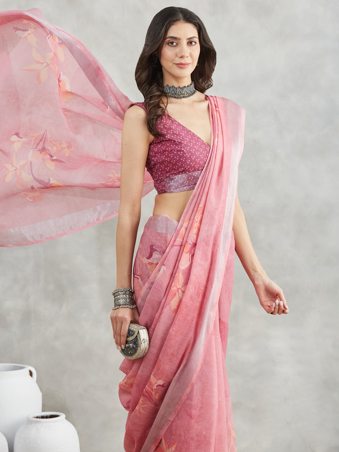 Janasya Mauve Linen Blend Floral Printed Grab2Buy 