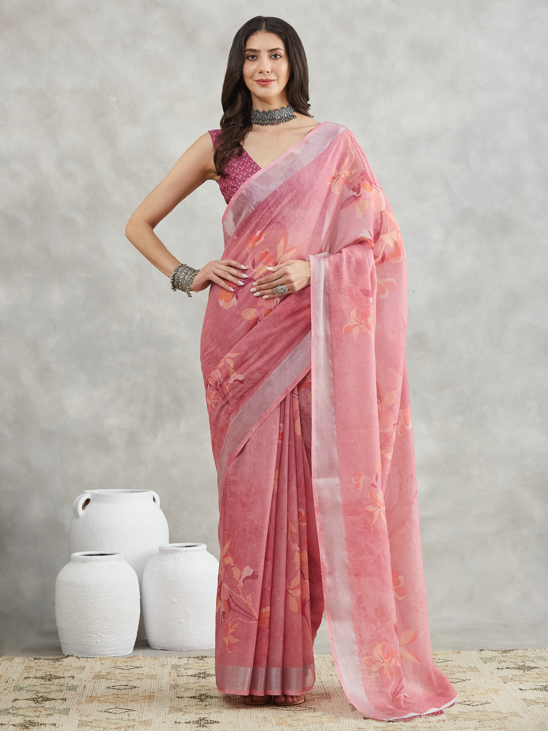 Janasya Mauve Linen Blend Floral Printed Grab2Buy 