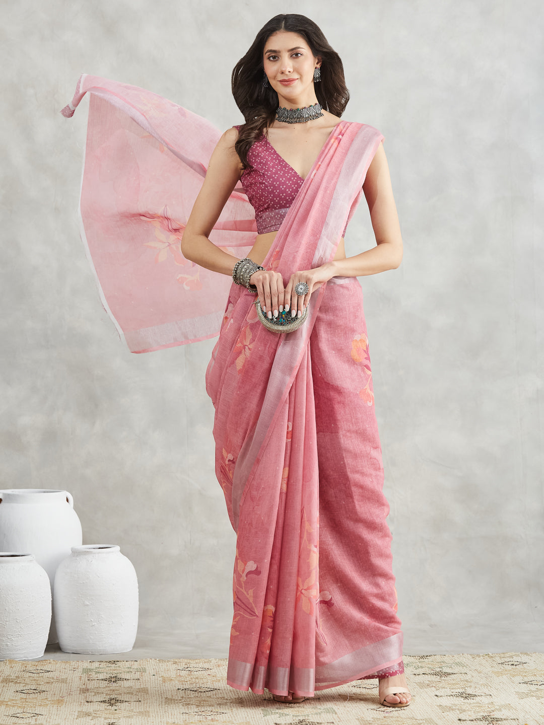 Janasya Mauve Linen Blend Floral Printed Grab2Buy 