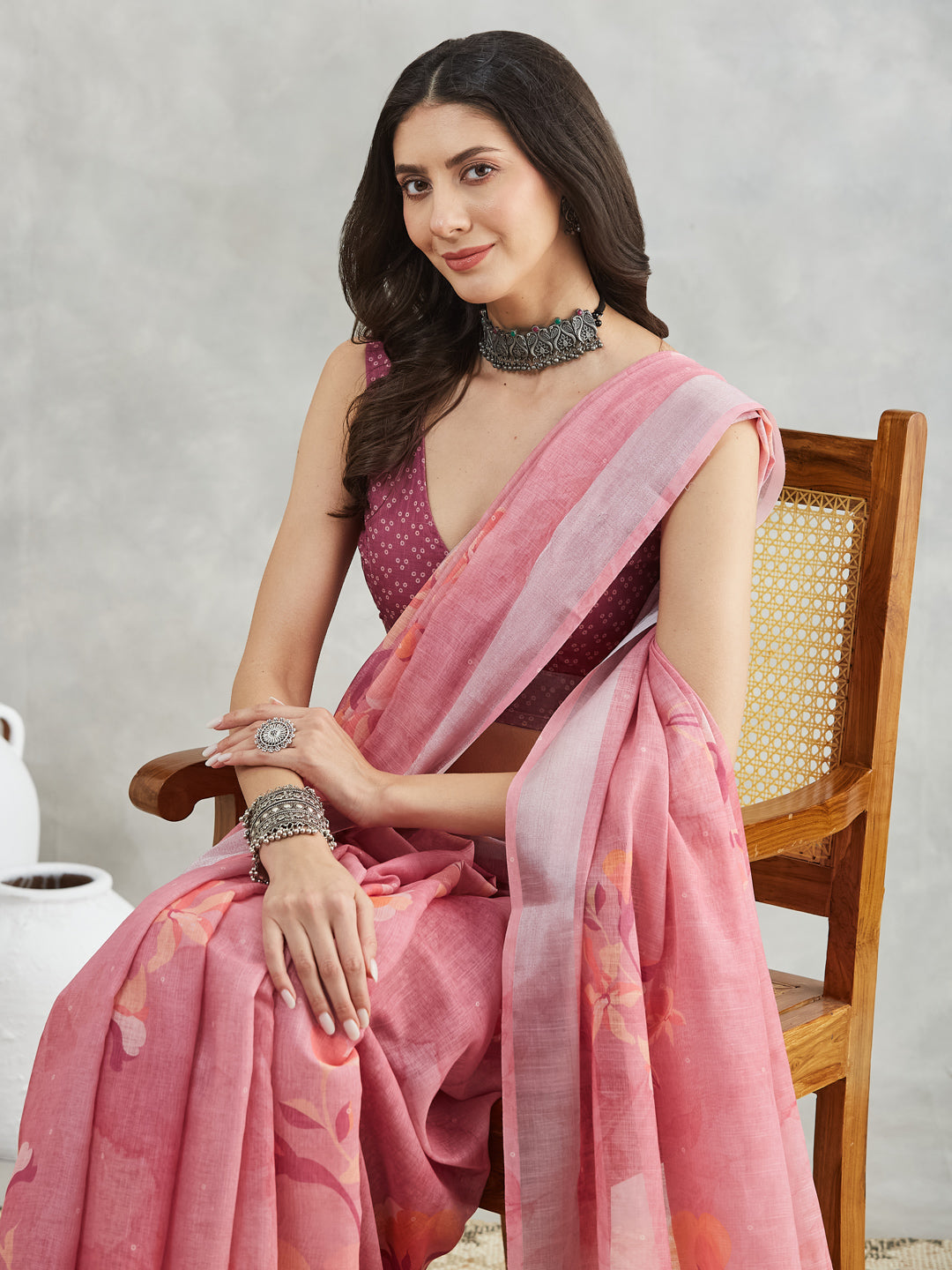 Janasya Mauve Linen Blend Floral Printed Grab2Buy 