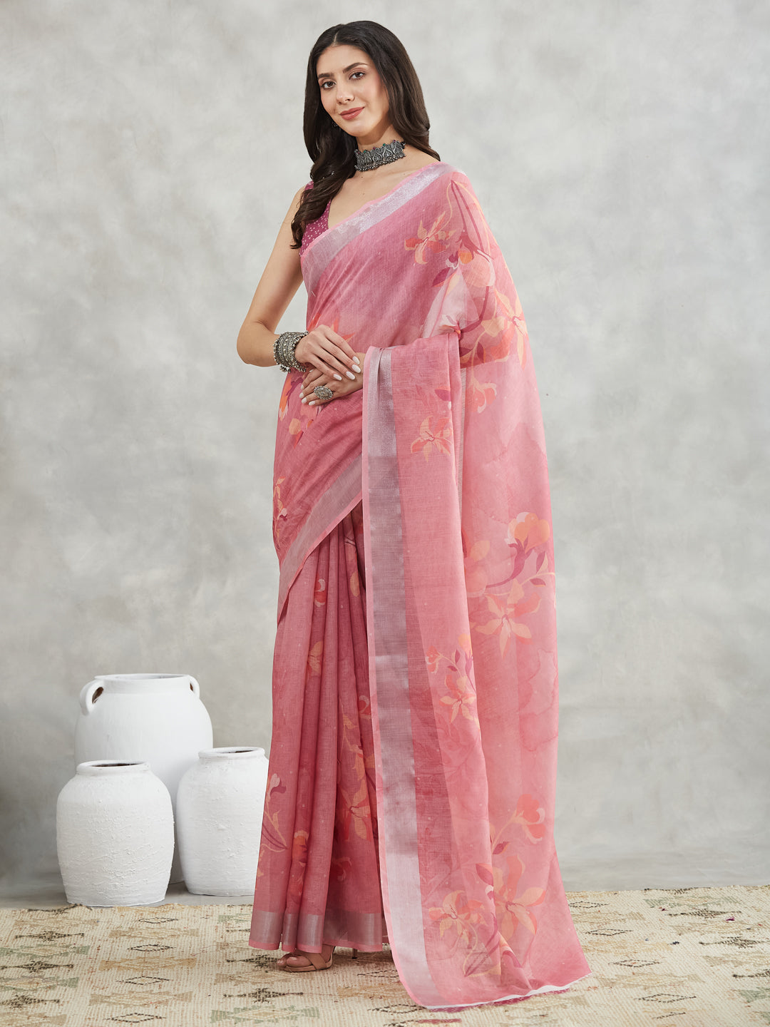 Janasya Mauve Linen Blend Floral Printed Grab2Buy 
