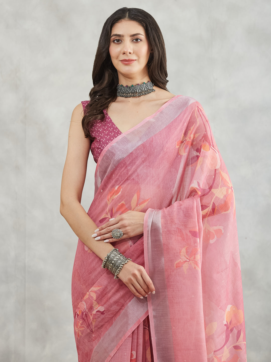 Janasya Mauve Linen Blend Floral Printed Grab2Buy 
