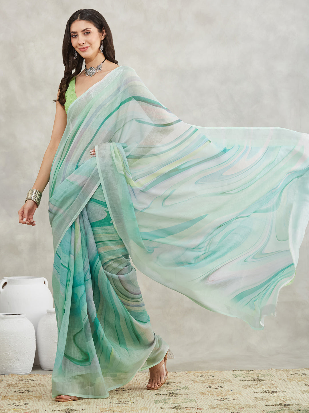 Janasya Sea Green Linen Blend Abstract Printed Grab2Buy 
