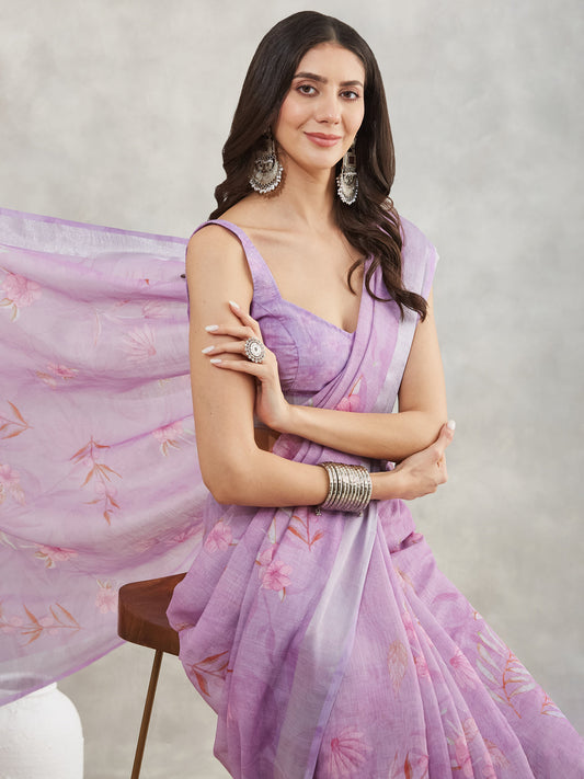 Janasya Lavender Linen Blend Floral Printed Grab2Buy 