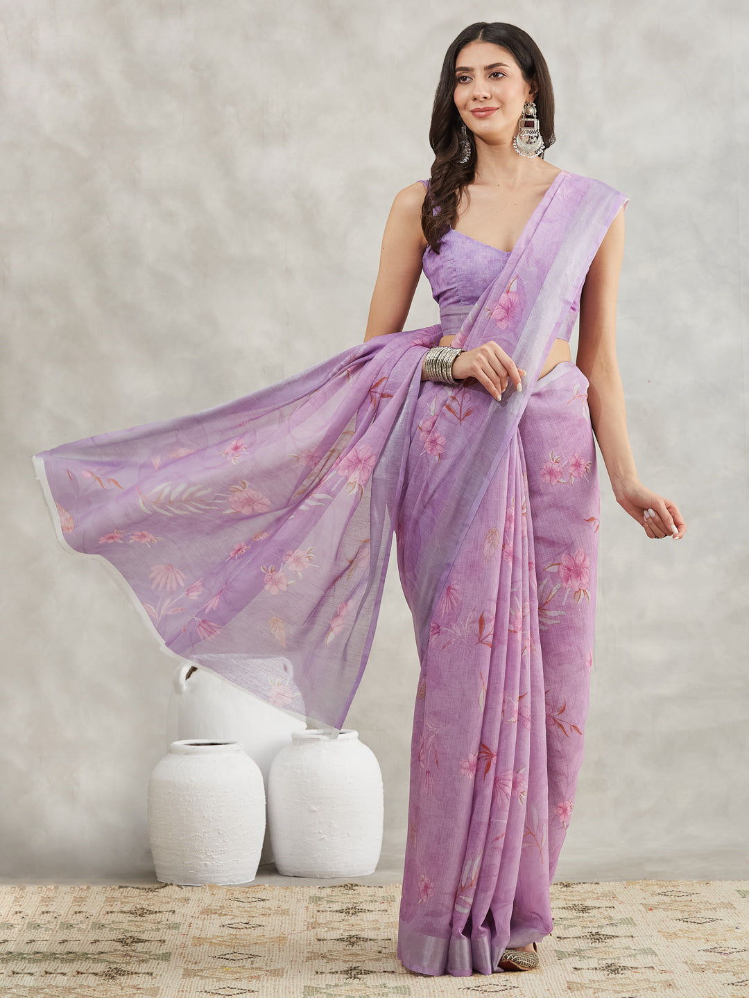 Janasya Lavender Linen Blend Floral Printed Grab2Buy 