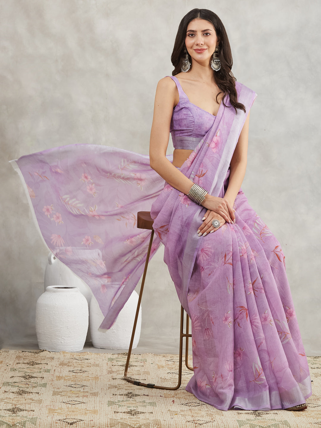 Janasya Lavender Linen Blend Floral Printed Grab2Buy 