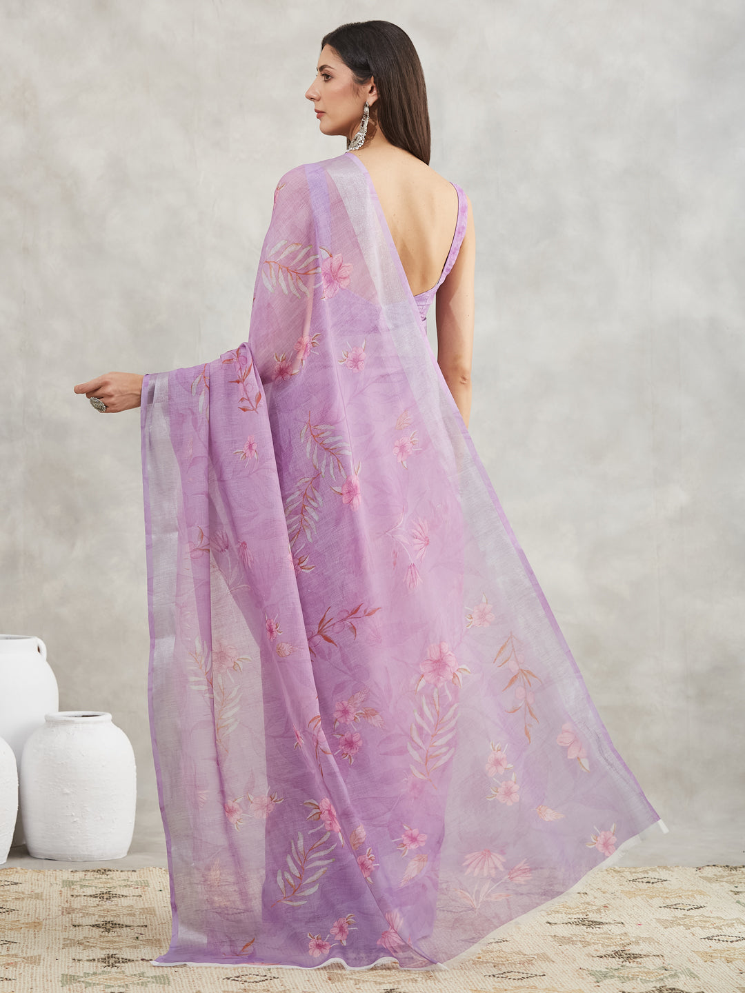 Janasya Lavender Linen Blend Floral Printed Grab2Buy 