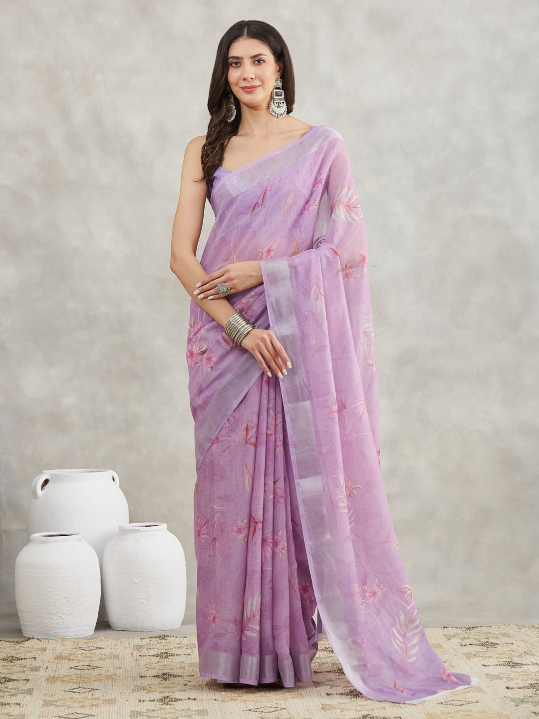 Janasya Lavender Linen Blend Floral Printed Grab2Buy 