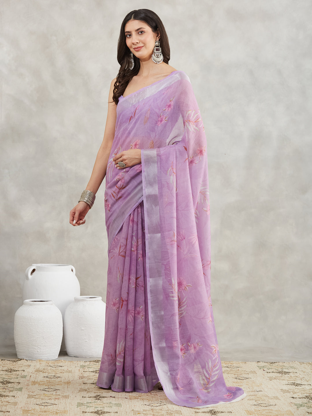 Janasya Lavender Linen Blend Floral Printed Grab2Buy 