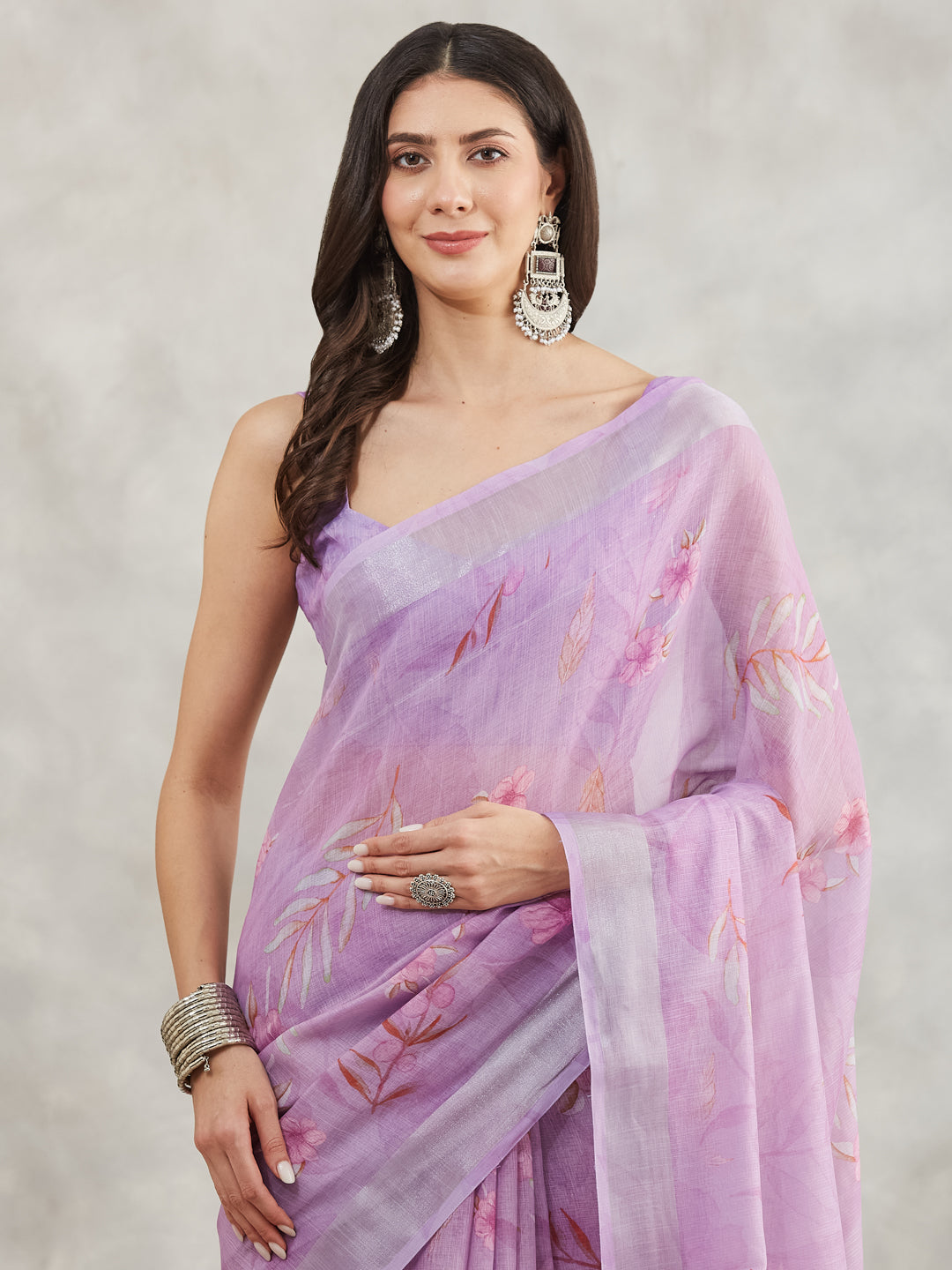 Janasya Lavender Linen Blend Floral Printed Grab2Buy 