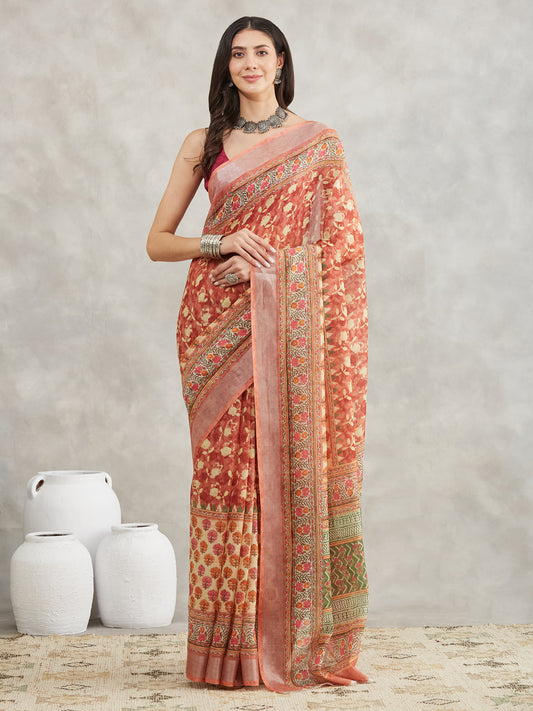 Janasya Rust Linen Blend Batik Printed Grab2Buy