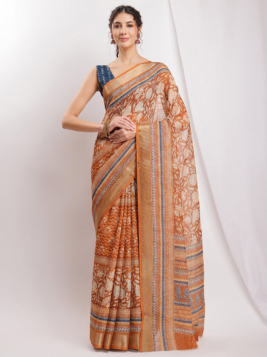 Janasya Brown Linen Blend Ethnic Motifs Printed Grab2Buy 