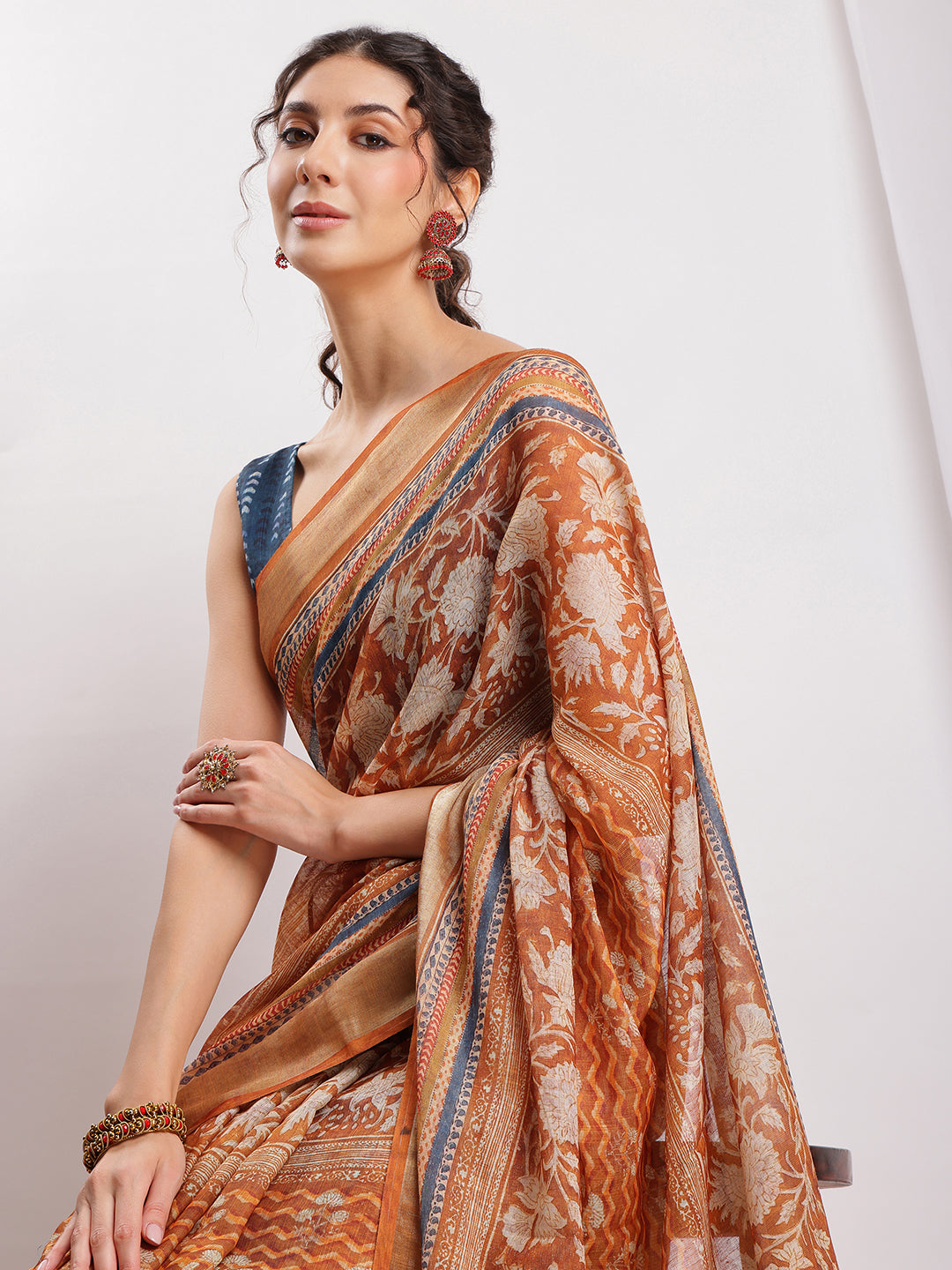 Janasya Brown Linen Blend Ethnic Motifs Printed Grab2Buy 