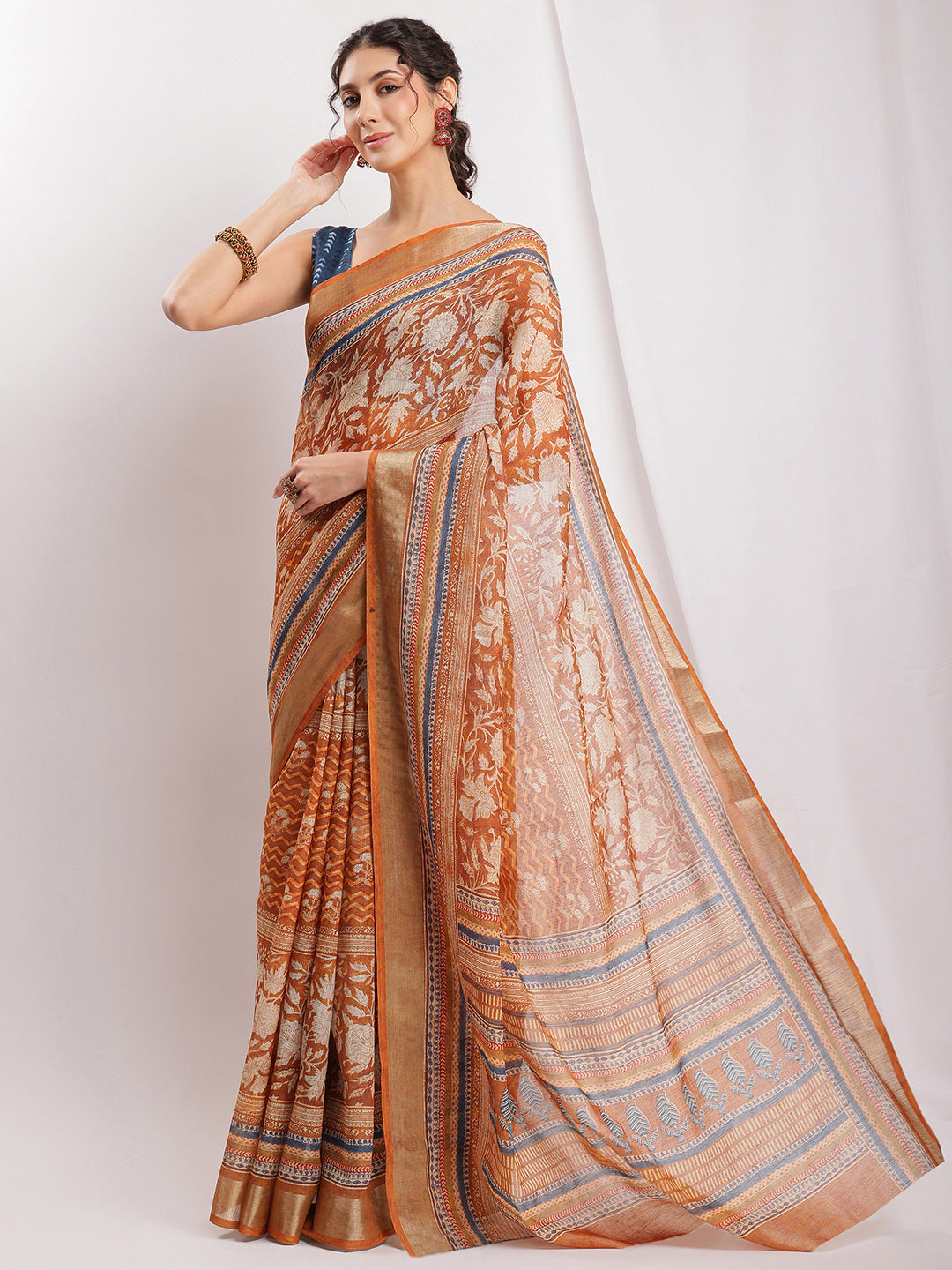 Janasya Brown Linen Blend Ethnic Motifs Printed Grab2Buy 