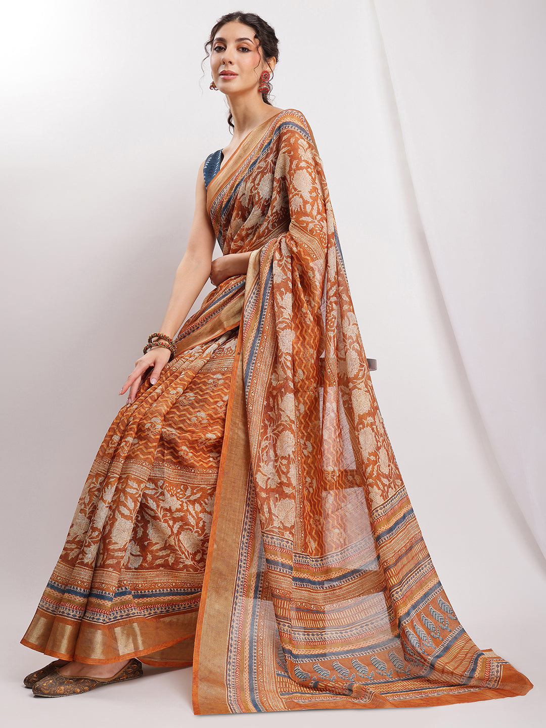 Janasya Brown Linen Blend Ethnic Motifs Printed Grab2Buy 