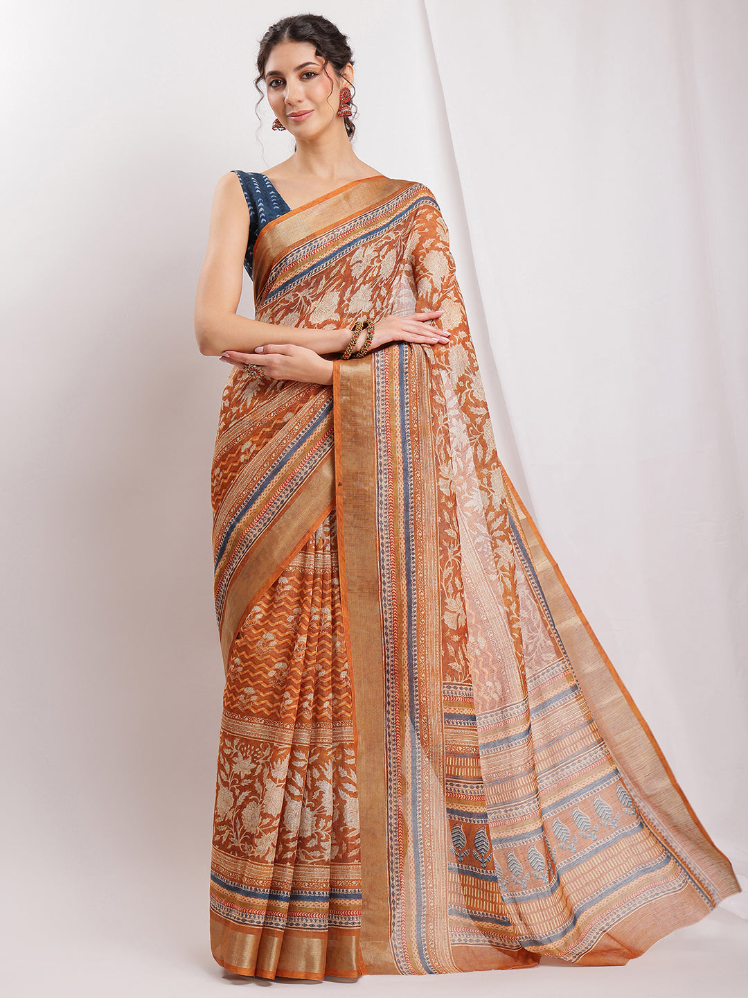Janasya Brown Linen Blend Ethnic Motifs Printed Grab2Buy 