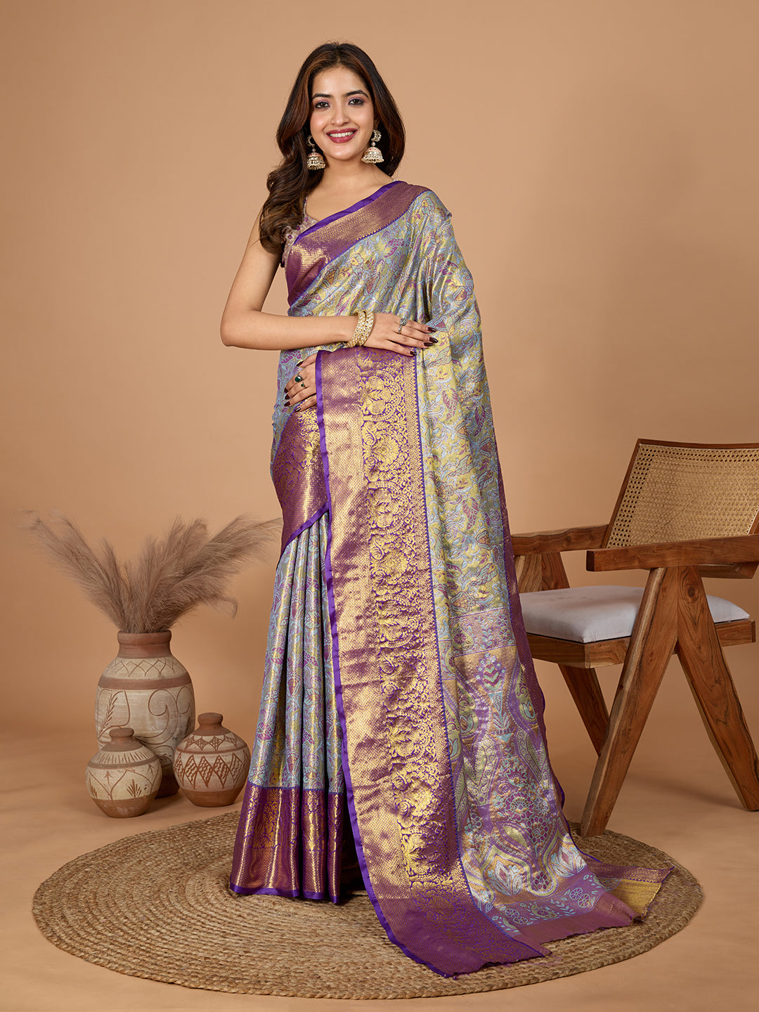 Dwija Fashion Purple Wedding Wear Jari Weaving Kanjivaram Silk Saree With Unstitched Blouse
