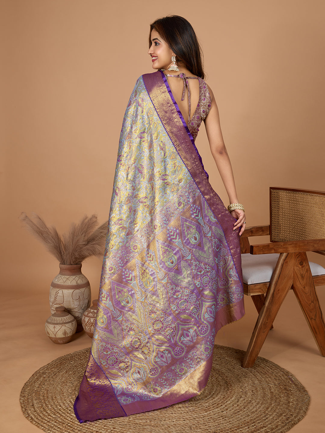 Dwija Fashion Purple Wedding Wear Jari Weaving Kanjivaram Silk Saree With Unstitched Blouse
