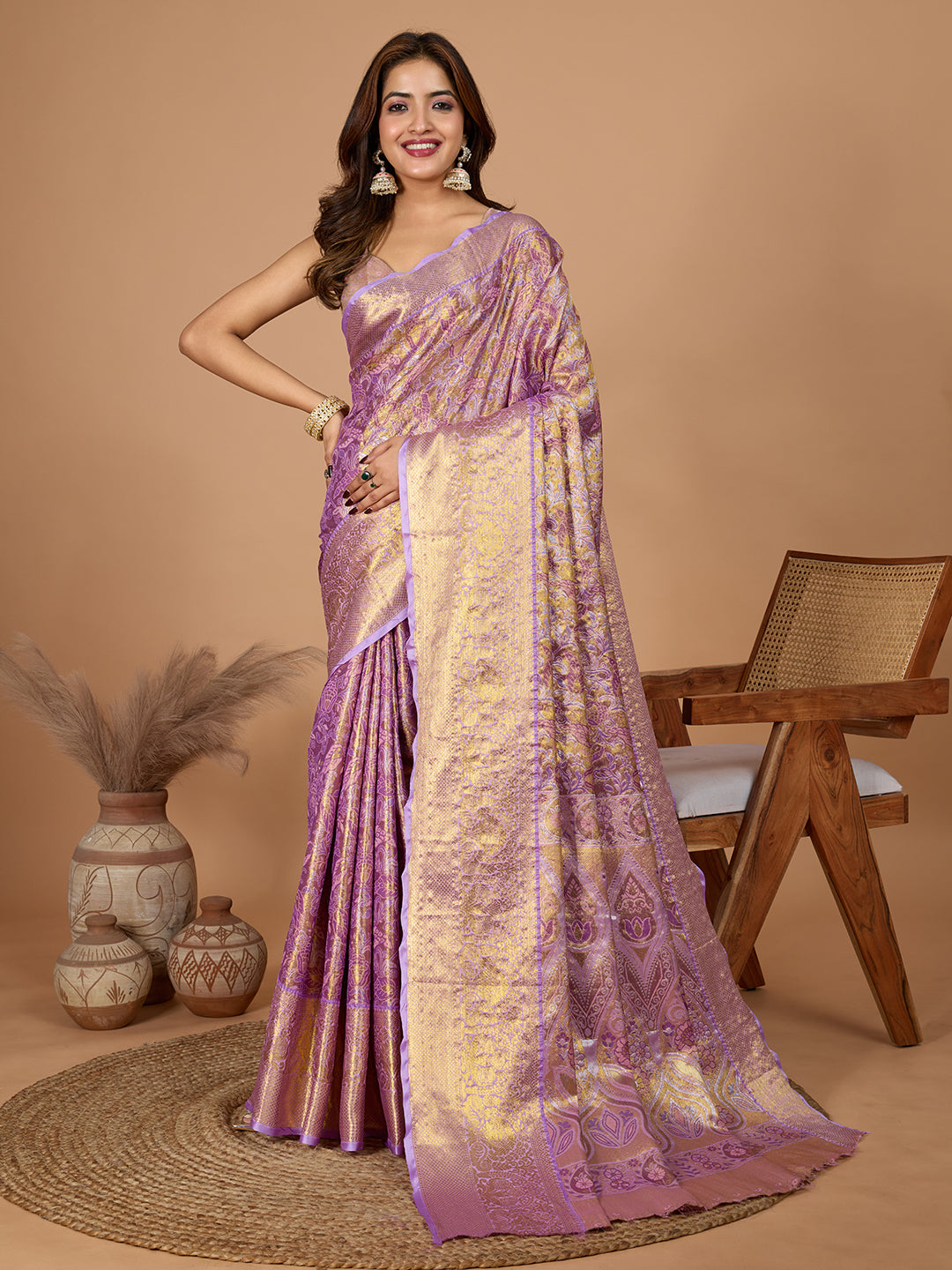 Dwija Fashion Lavender Wedding Wear Jari Weaving Kanjivaram Silk Saree With Unstitched Blouse