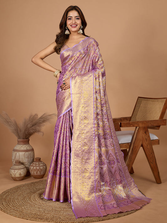 Dwija Fashion Lavender Wedding Wear Jari Weaving Kanjivaram Silk Saree With Unstitched Blouse