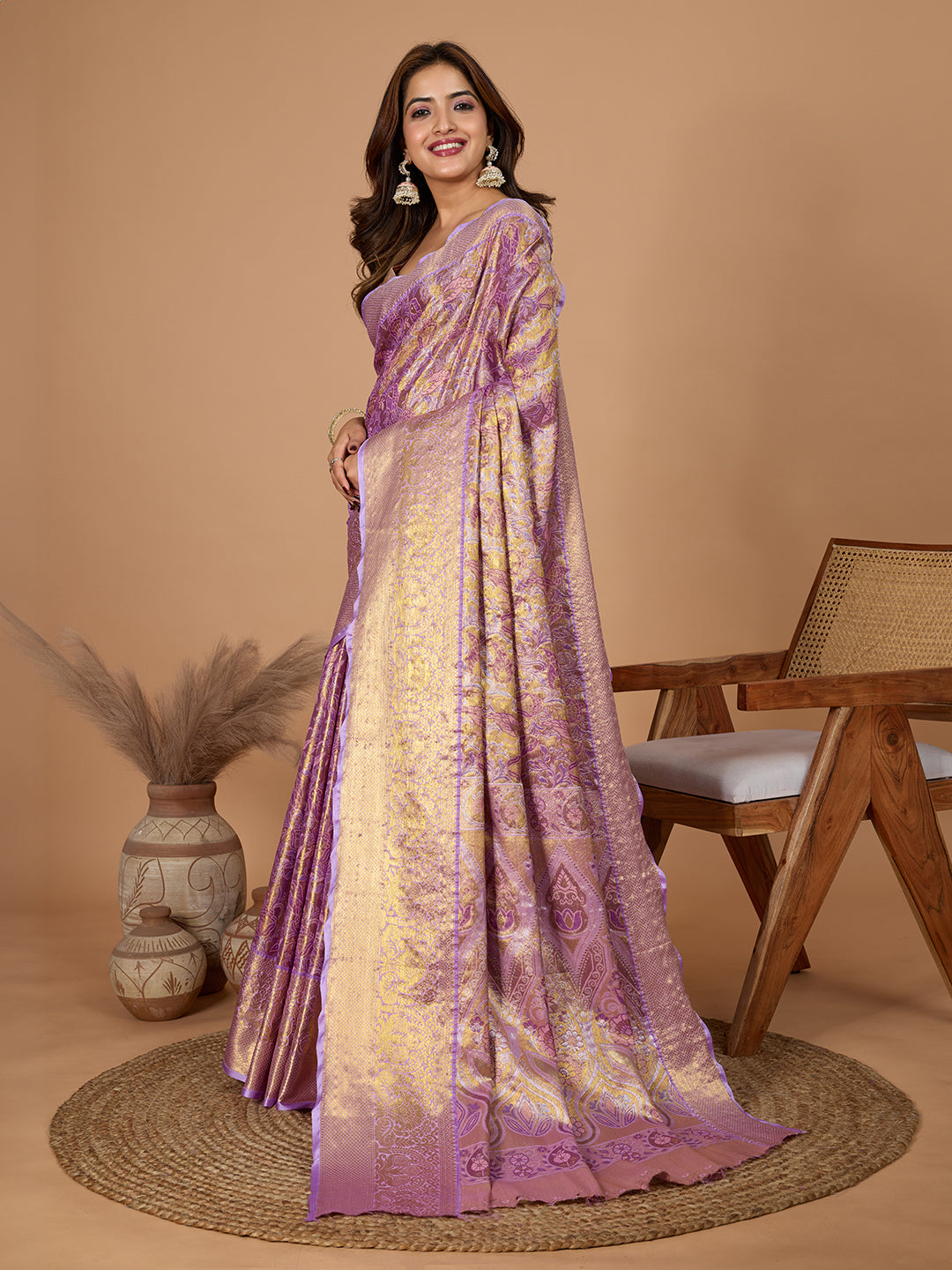Dwija Fashion Lavender Wedding Wear Jari Weaving Kanjivaram Silk Saree With Unstitched Blouse