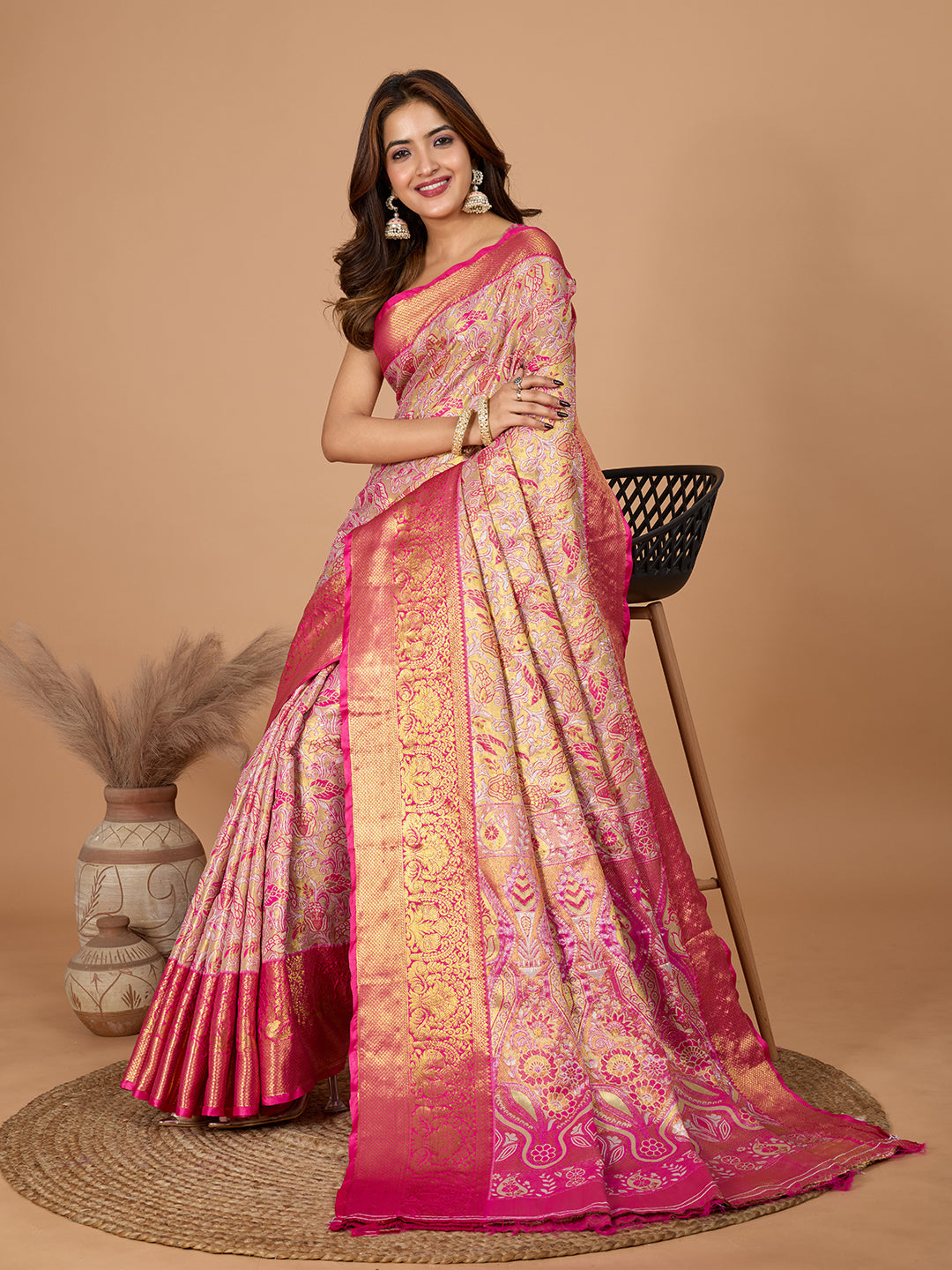 Dwija Fashion Pink Wedding Wear Jari Weaving Kanjivaram Silk Saree With Unstitched Blouse