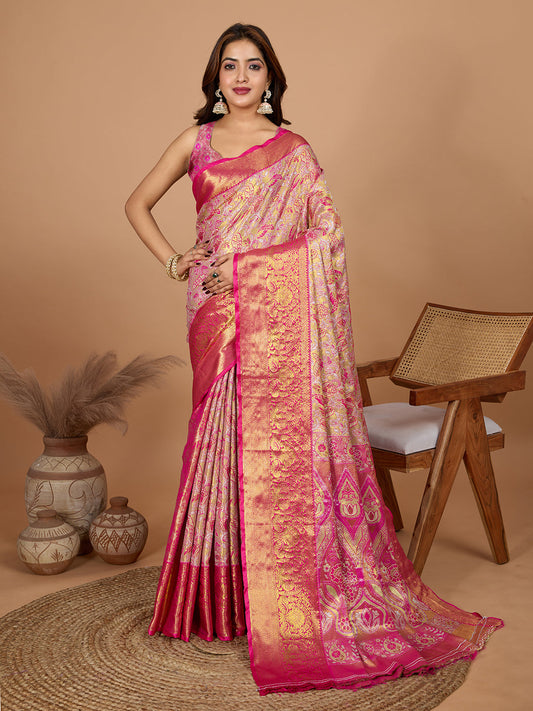 Dwija Fashion Pink Wedding Wear Jari Weaving Kanjivaram Silk Saree With Unstitched Blouse