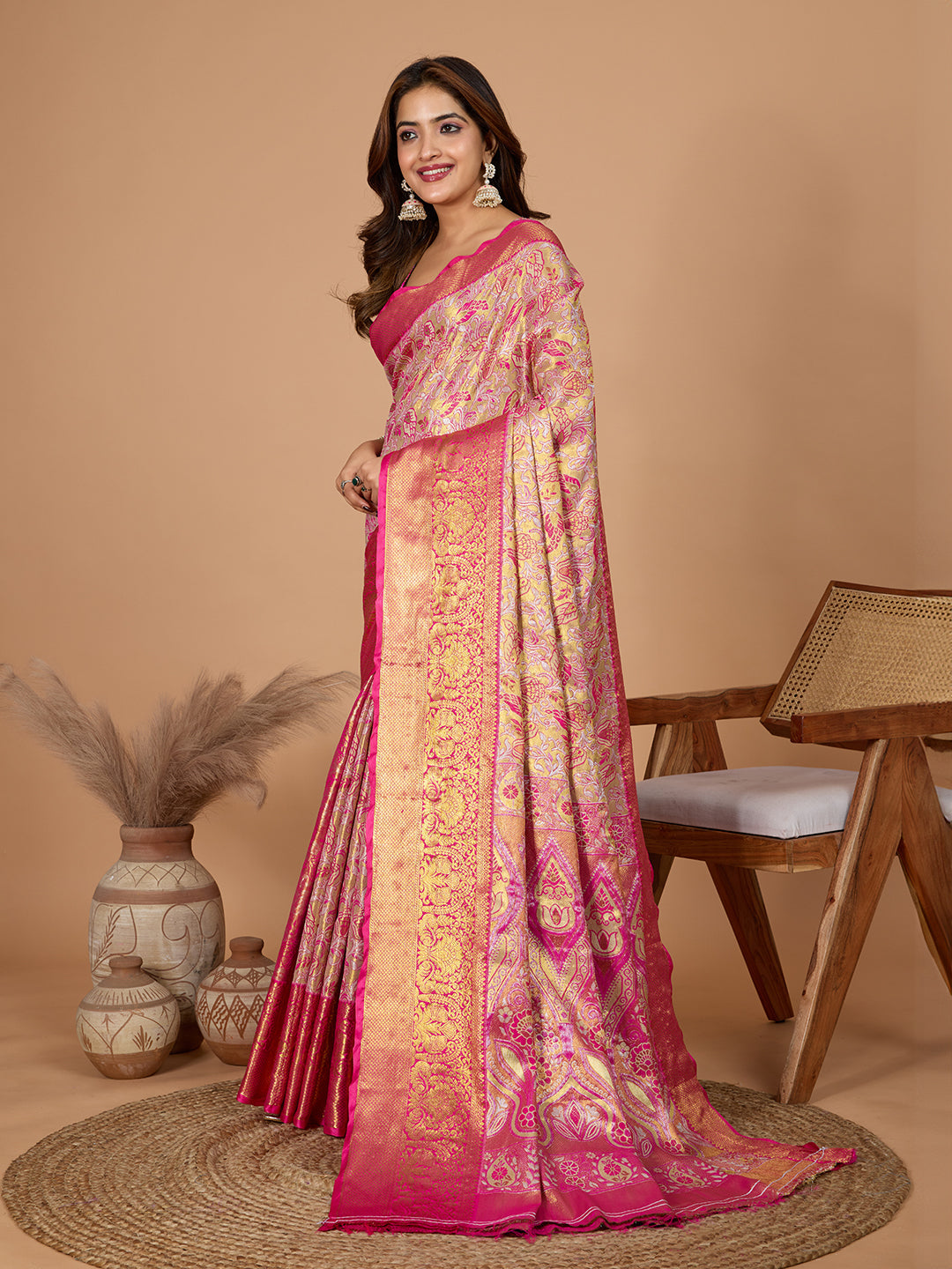 Dwija Fashion Pink Wedding Wear Jari Weaving Kanjivaram Silk Saree With Unstitched Blouse
