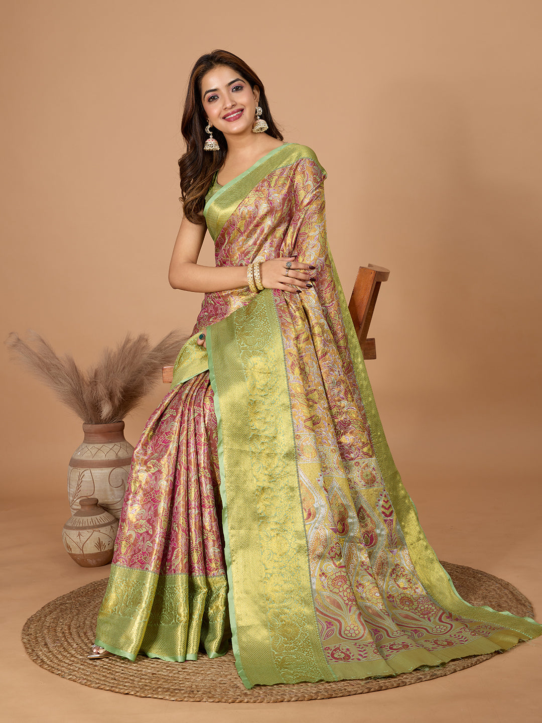 Dwija Fashion Rose Pink Wedding Wear Jari Weaving Kanjivaram Silk Saree With Unstitched Blouse