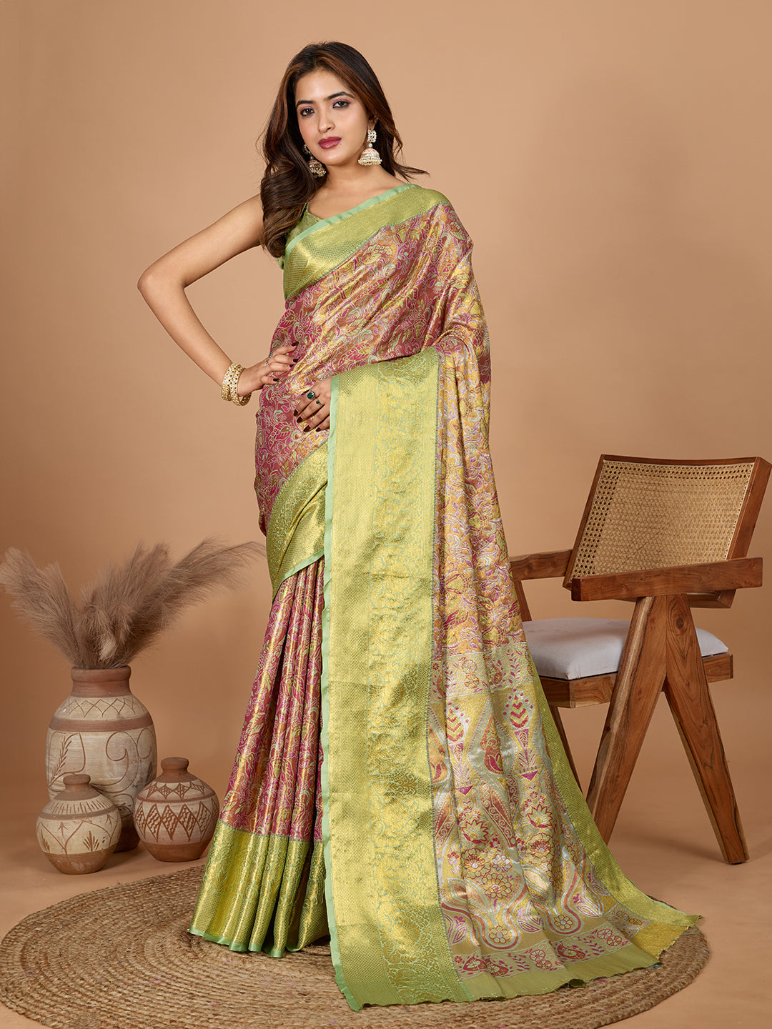 Dwija Fashion Rose Pink Wedding Wear Jari Weaving Kanjivaram Silk Saree With Unstitched Blouse