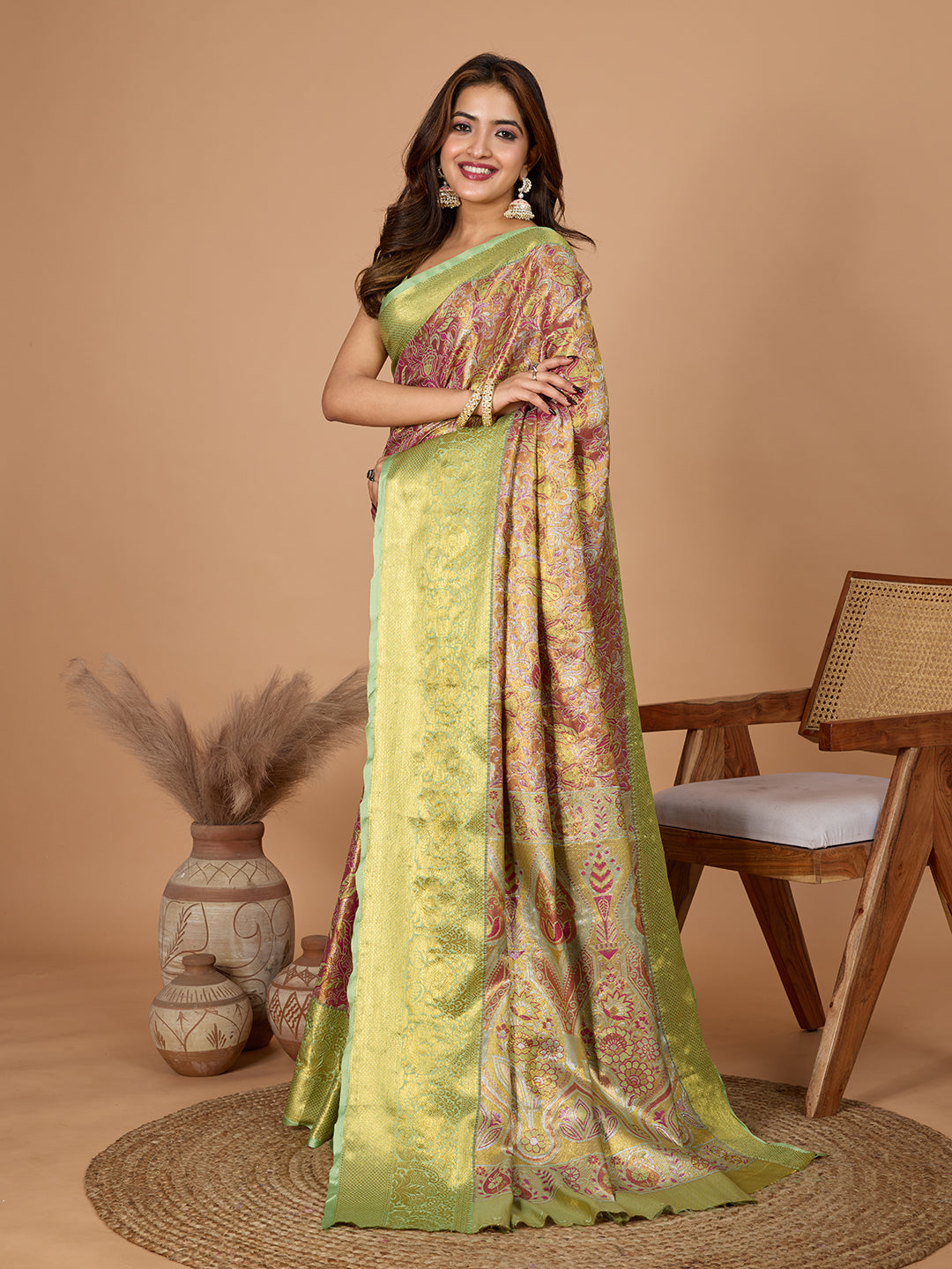 Dwija Fashion Rose Pink Wedding Wear Jari Weaving Kanjivaram Silk Saree With Unstitched Blouse