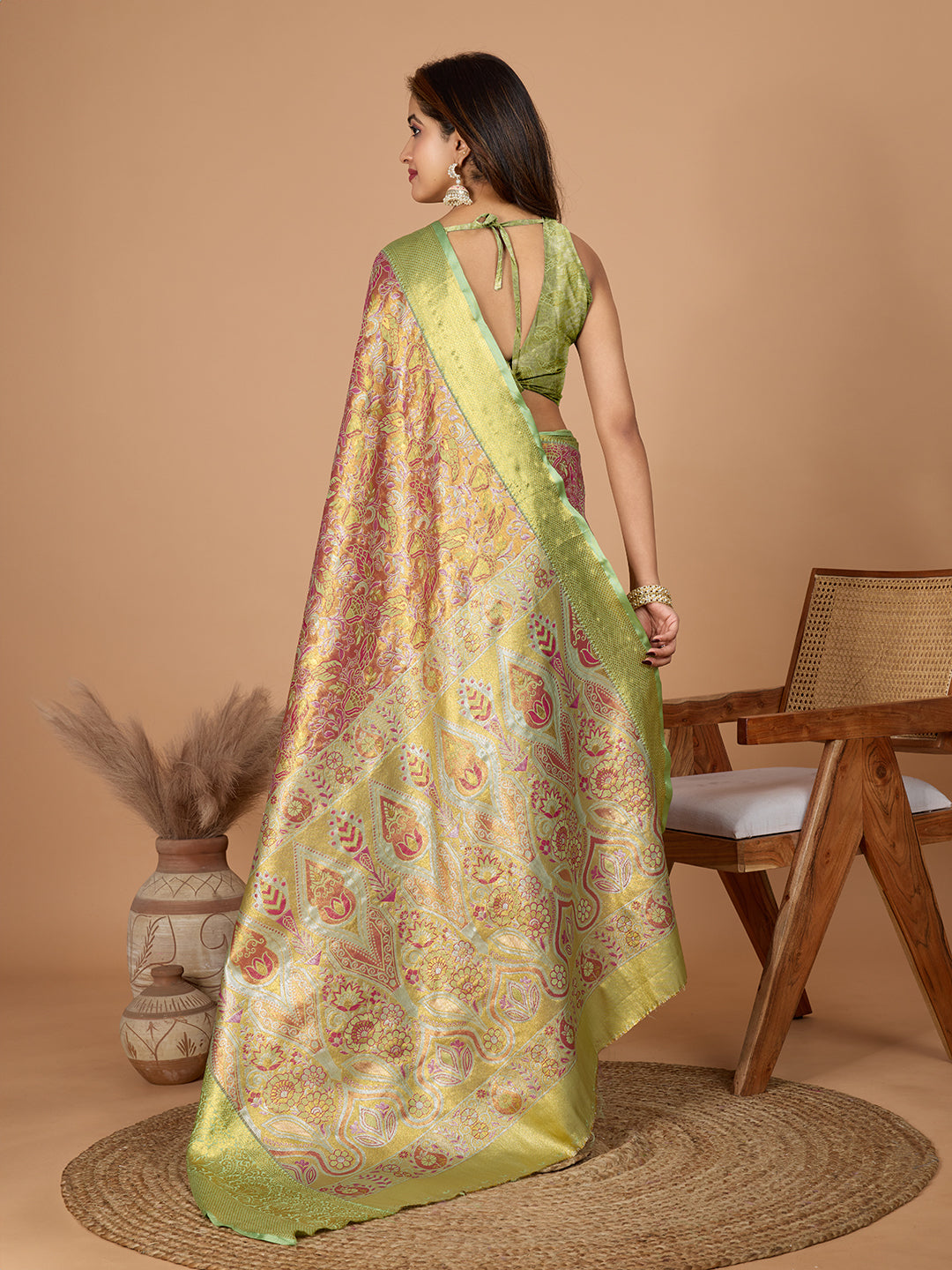 Dwija Fashion Rose Pink Wedding Wear Jari Weaving Kanjivaram Silk Saree With Unstitched Blouse