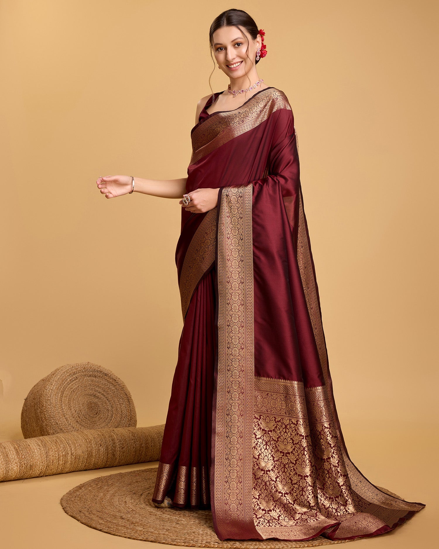Dwija Fashion Deep Maroon Party Wear Banarsi Pure Silk Plain Saree With Unstitched Blouse