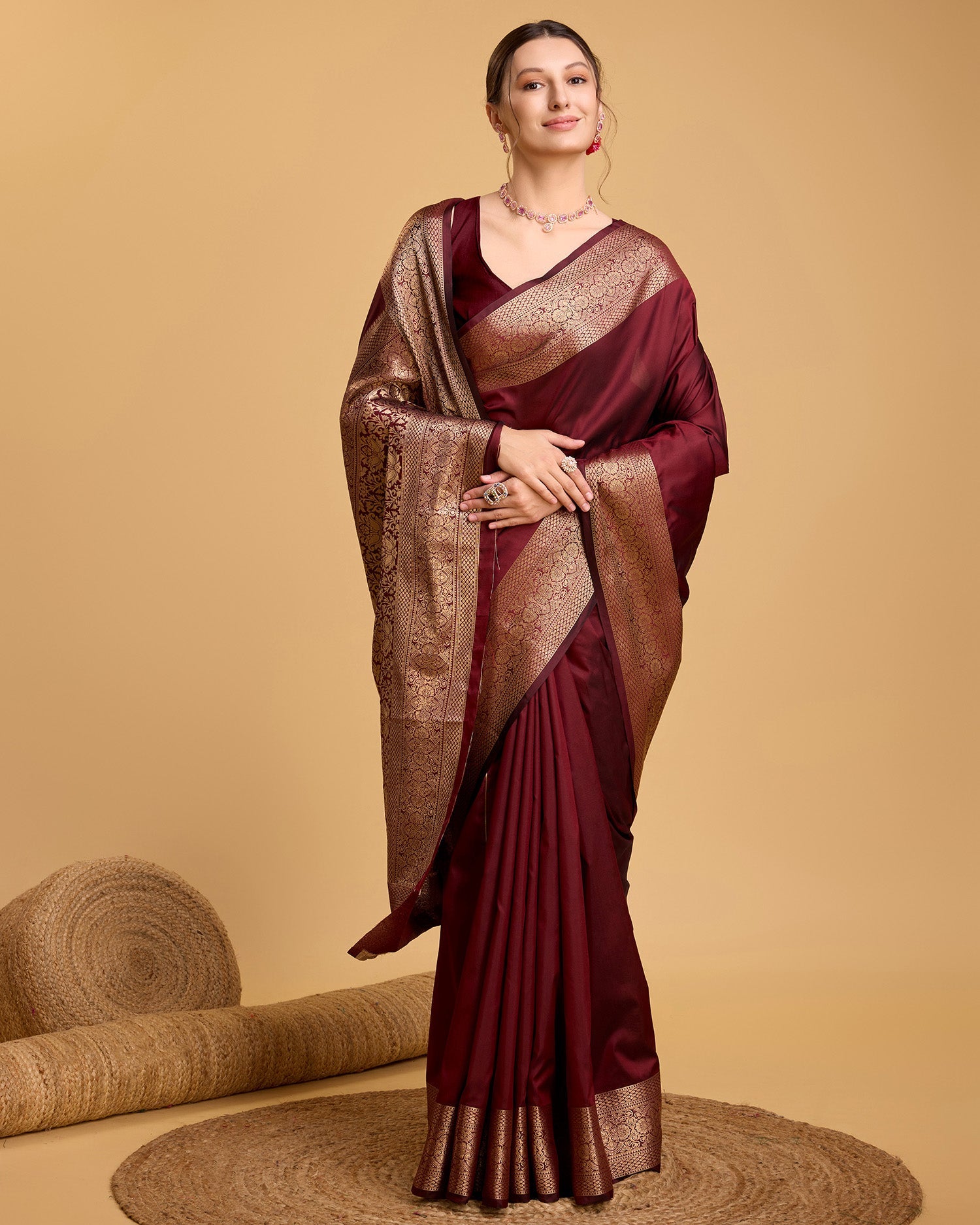 Dwija Fashion Deep Maroon Party Wear Banarsi Pure Silk Plain Saree With Unstitched Blouse
