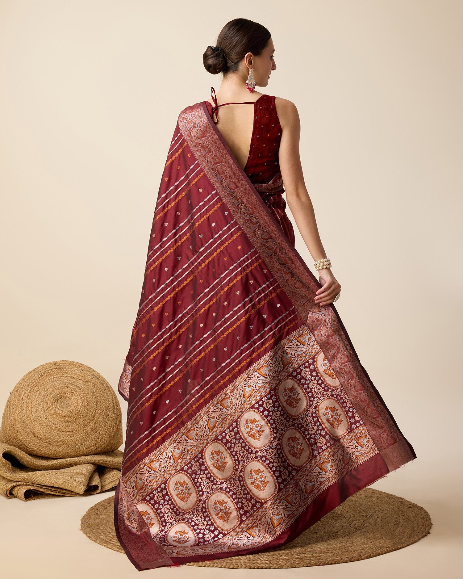 Dwija Fashion Deep Maroon Party Wear Golden Silver Jari Work Pure Jacquard Saree With Unstitched Blouse