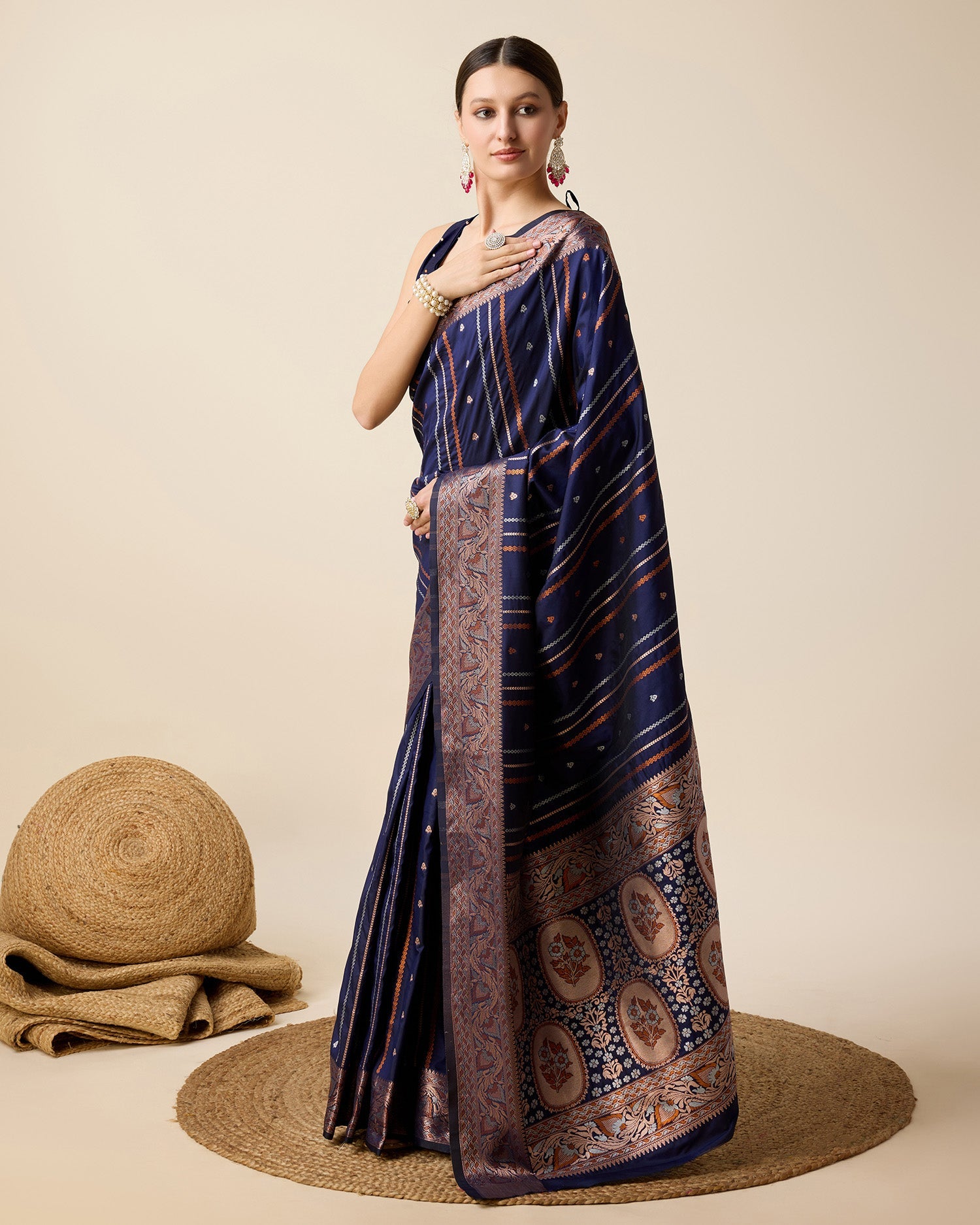 Dwija Fashion Deep Navy Blue Party Wear Golden Silver Jari Work Pure Jacquard Saree With Unstitched Blouse
