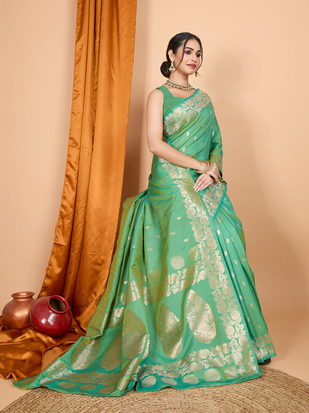Dwija Fashion Green Party Wear Banarsi Silk With Jari Weaving Work Saree With Unstitched Blouse