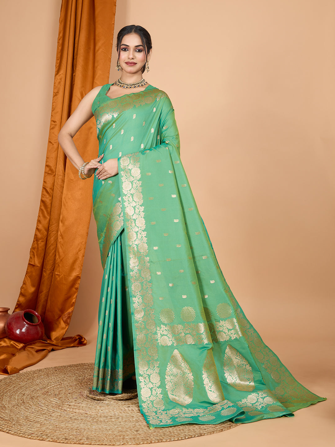 Dwija Fashion Green Party Wear Banarsi Silk With Jari Weaving Work Saree With Unstitched Blouse