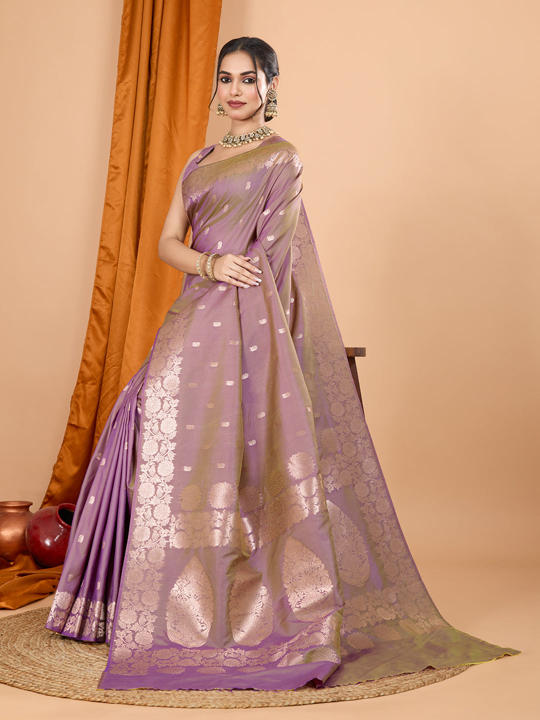 Dwija Fashion Lavender Party Wear Banarsi Silk With Jari Weaving Work Saree With Unstitched Blouse