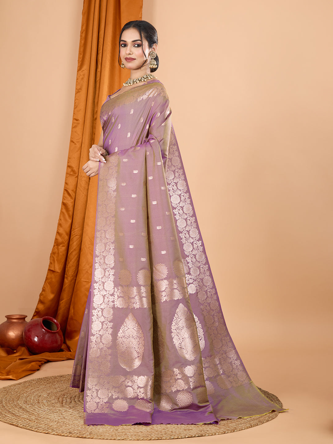 Dwija Fashion Lavender Party Wear Banarsi Silk With Jari Weaving Work Saree With Unstitched Blouse