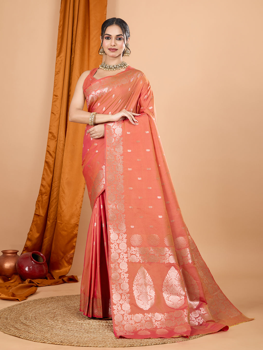 Dwija Fashion Peach Party Wear Banarsi Silk With Jari Weaving Work Saree With Unstitched Blouse