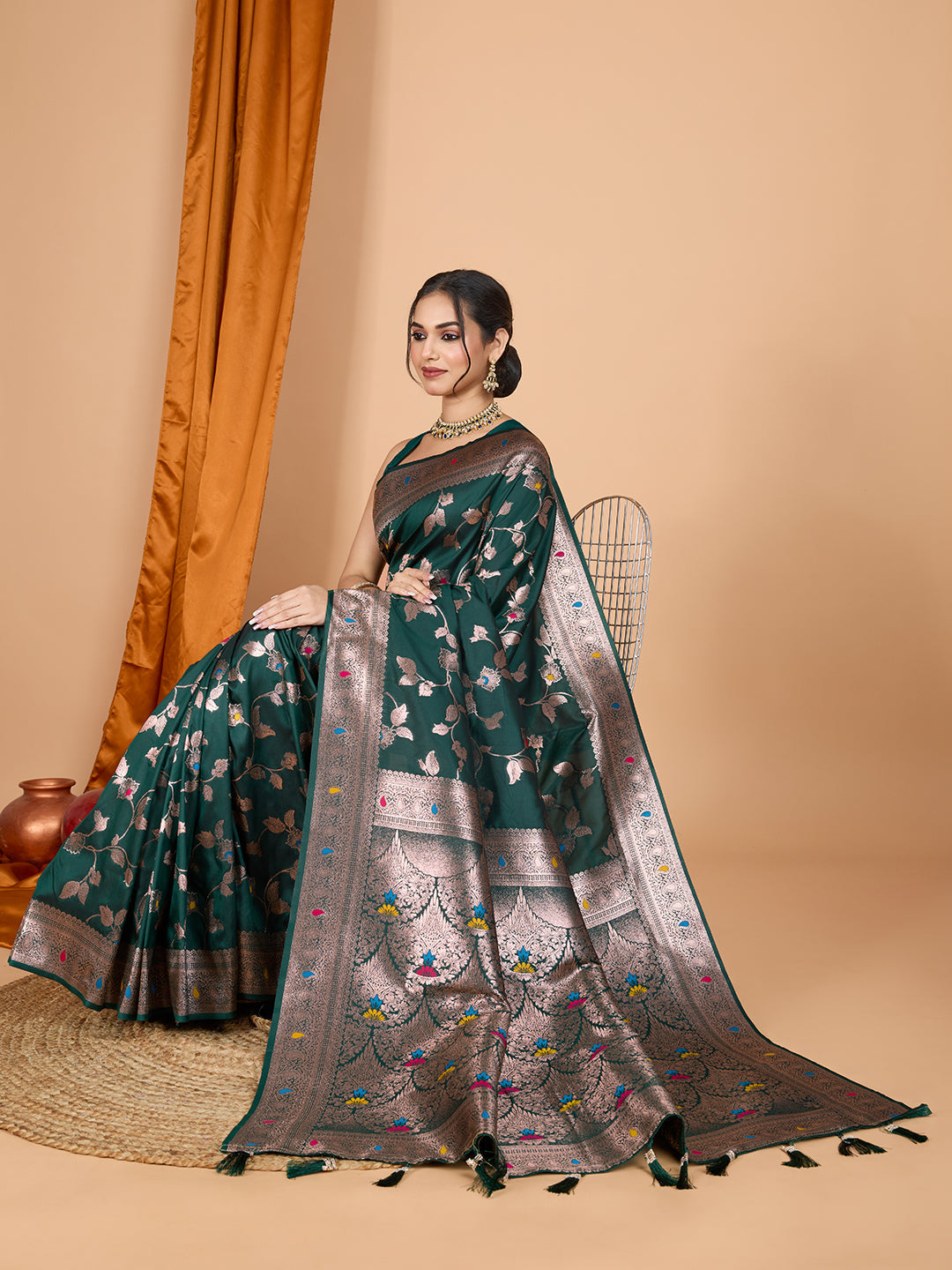Dwija Fashion Green Party Wear Banarsi Silk With Jari Weaving Work Saree With Unstitched Blouse