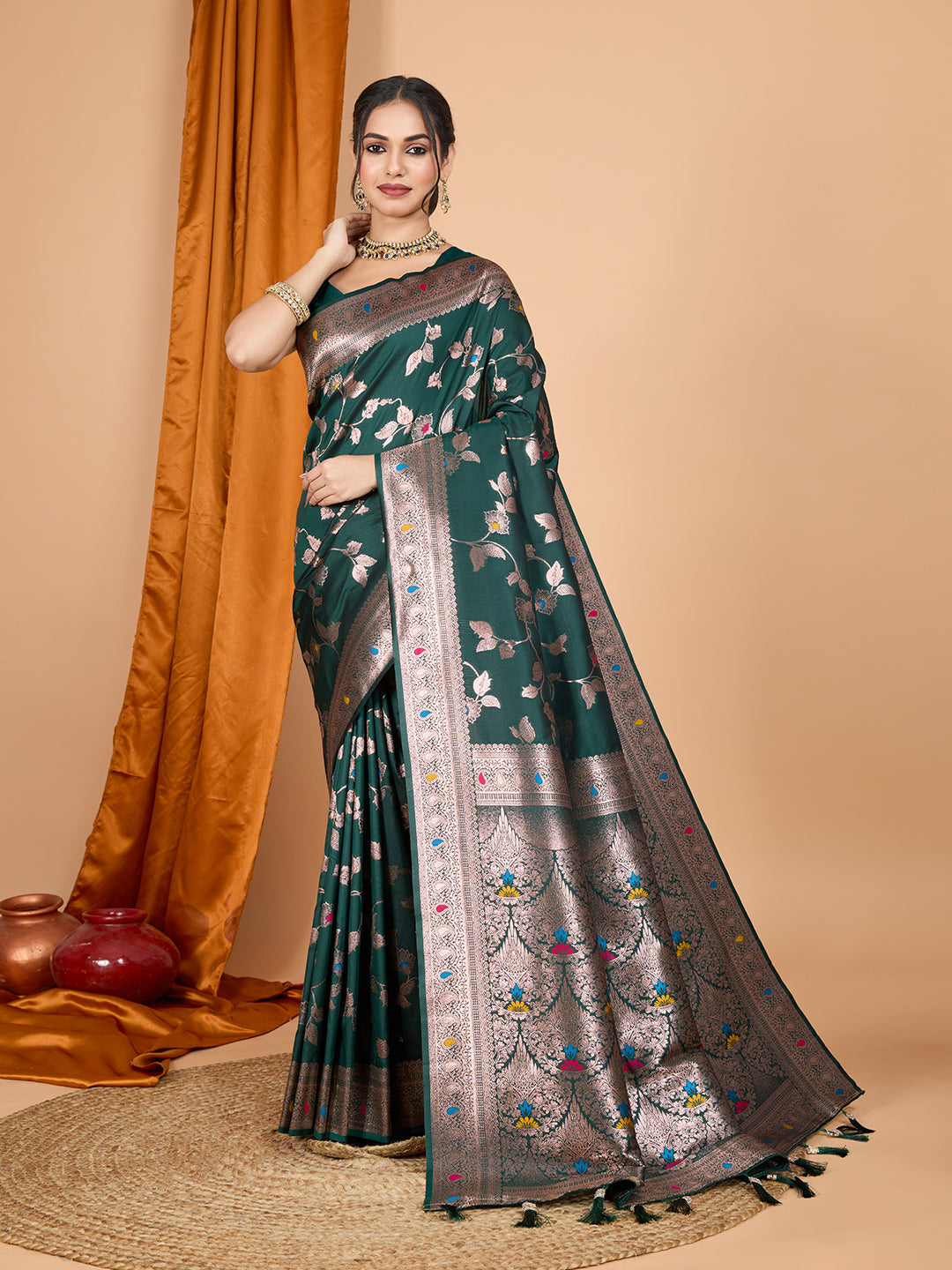 Dwija Fashion Green Party Wear Banarsi Silk With Jari Weaving Work Saree With Unstitched Blouse