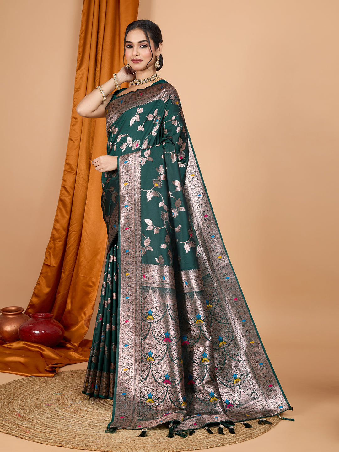 Dwija Fashion Green Party Wear Banarsi Silk With Jari Weaving Work Saree With Unstitched Blouse